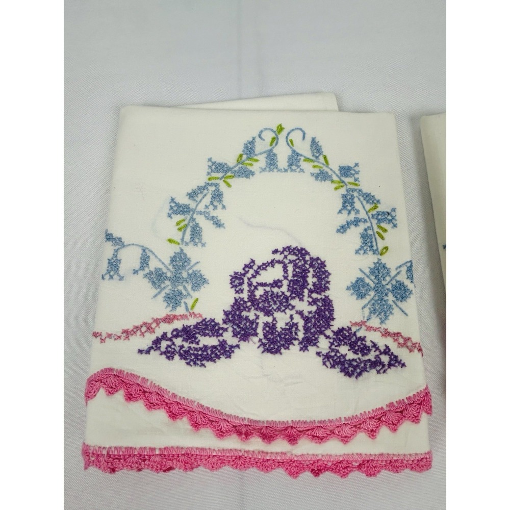 Vintage Cross Stitched Pillowcases White w/Pink Purple Blue Floral 30 x 20
